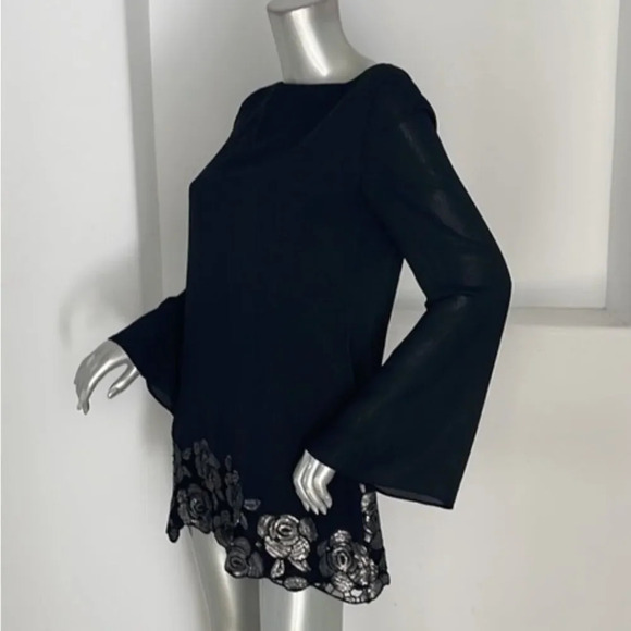 Marciano Black Crepe Shift Dress Floral Sequin Accent Hem Midi. Lined. Sz Small - Picture 4 of 7